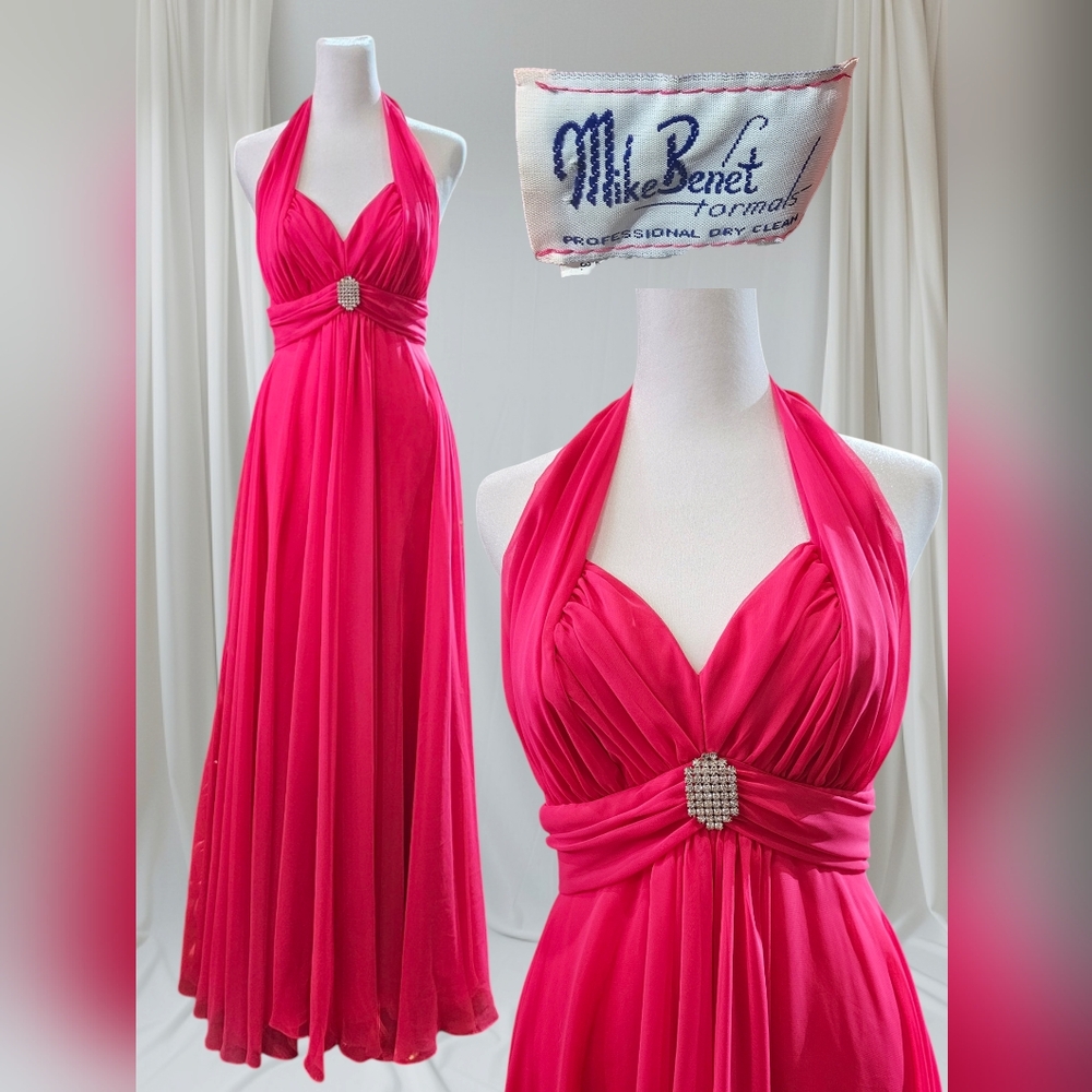 Vtg 70s Mike Benet Hot Pink Hollywood Glam Rhinestone Halter Chiffon Gown
